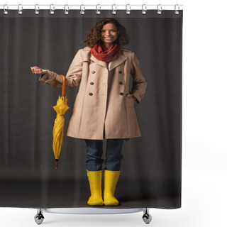 Personality  Smiling Woman In Trench Coat And Rubber Boots Holding Yellow Umbrella On Black Background Shower Curtains