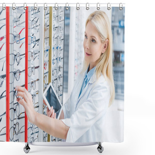 Personality  Professional Female Ophthalmologist Using Digital Tablet In Optics With Glasses On Shelves Shower Curtains
