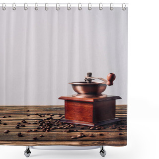 Personality  Vintage Coffee Grinder With Coffee Beans On Rustic Wooden Table Shower Curtains