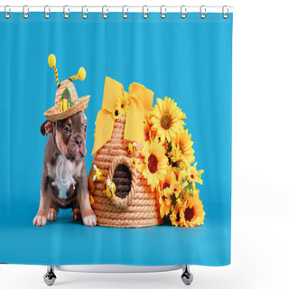 Personality  Blue Tan French Bulldog Dog Puppy Wearing Bee Antler Summer Straw Hat Next To Beehive And Flowers On Blue Background Shower Curtains