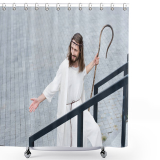 Personality  High Angle View Of Cheerful Jesus In Robe And Crown Of Thorns Walking On Stairs With Staff And Showing Hand Shower Curtains