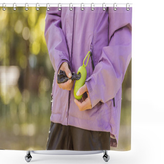 Personality  Cropped Shot Of Woman Holding Container With Bags For Cleaning After Pet In Park Shower Curtains