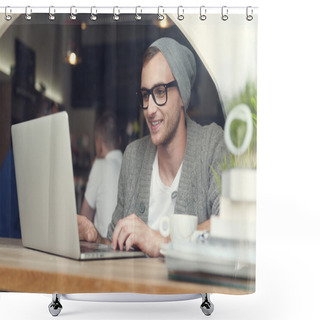 Personality  Hipster Using Laptop At Cafe Shower Curtains