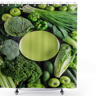 Personality  Top View Of Green Plate Between Green Vegetables, Healthy Eating Concept Shower Curtains