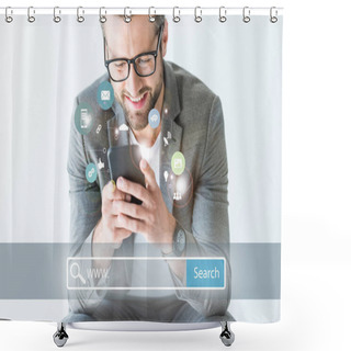 Personality  Smiling SEO Developer In Gray Suit Using Smartphone, Isolated On White With Website Search Bar And Icons Shower Curtains
