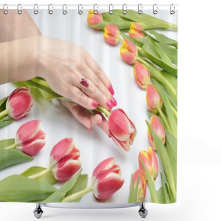 Personality  Flower Of Tulip In The Two Groomed Female Hands With Beautiful Manicure In Decoration Of Flowers Shower Curtains