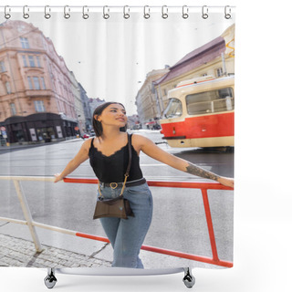 Personality  Young Traveler Looking Away On Urban Street In Prague  Shower Curtains