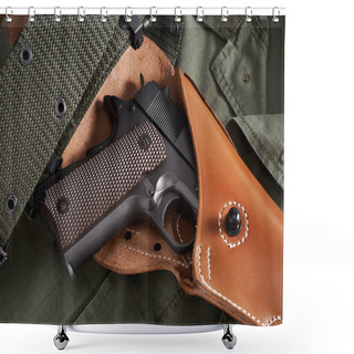 Personality  Colt Pistol In Holster And Belt Lie On Military Jacket Shower Curtains