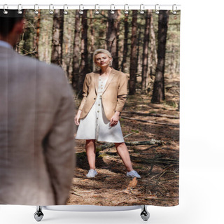 Personality  Selective Focus Of Attractive Sylish Bride Looking At Bridegroom In Forest Shower Curtains