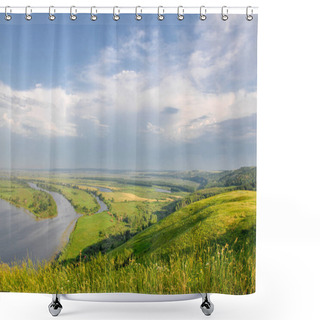Personality  Panoramic Summer Landscape With A River. Kama River, Tatarstan, Russi Shower Curtains