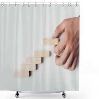 Personality  Cropped View Of Man Putting Wooden Brick On Top Of Wooden Blocks Symbolizing Career Ladder Isolated On White Shower Curtains