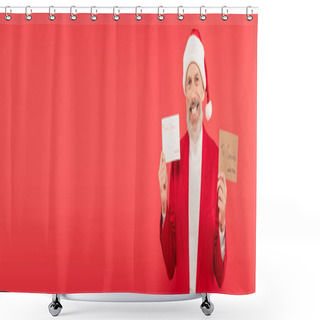 Personality  Positive Mature Man In Hat Holding Envelope And Letter To Santa Isolated On Red, Banner  Shower Curtains