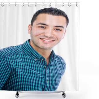 Personality  Portrait Of A Smiling Happy Businessman, Isolated On White Shower Curtains