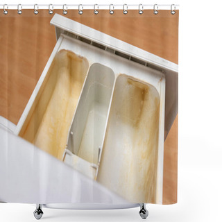 Personality  Dirty Moldy Washing Machine Detergent And Fabric Conditioner Dispenser Drawer Compartment Close Up. Mold, Rust And Limescale In Washing Machine Tray. Home Appliances Periodic Maintenance Shower Curtains