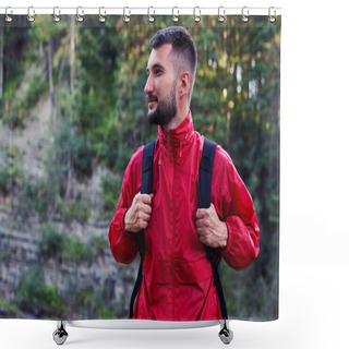 Personality  Pensive Bearded Hiker Looking On The Right Shower Curtains