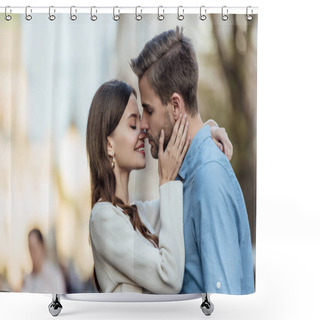 Personality  Happy Girl With Closed Eyes Kissing Handsome Boyfriend On Street Shower Curtains