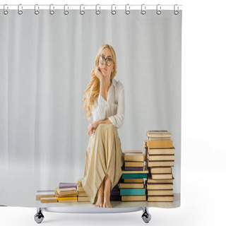 Personality  Beautiful Dreaming Barefoot Woman In Glasses Sitting On Steps Made Of Books  Shower Curtains