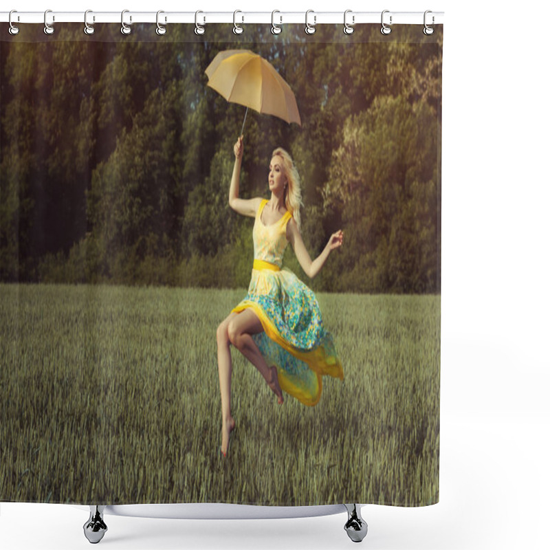 Personality  Girl With An Umbrella Levitates Shower Curtains