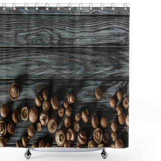 Personality  Top View Of Row Champignon Mushrooms On Grey Wooden Surface Shower Curtains