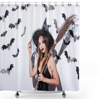 Personality  Girl In Black Witch Halloween Costume With Broom Near White Wall With Decorative Bats Shower Curtains
