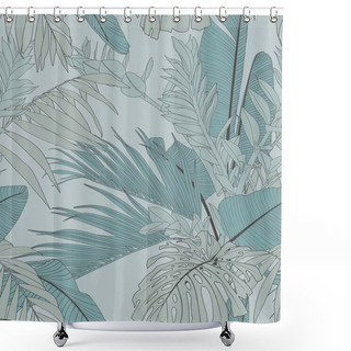 Personality  Blue Green Line Seamless Pattern With Sketchy Tropical Palm Foliage. Hand Drawn Illustration On Vintage Background. Shower Curtains