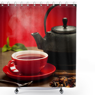 Personality  Teapot And Tea Cup Arangement On A Table Shower Curtains