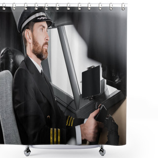 Personality  Side View Of Bearded Pilot In Uniform Using Yoke In Airplane Shower Curtains