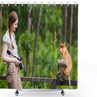 Personality  Female Photographer And Proboscis Monkey Shower Curtains