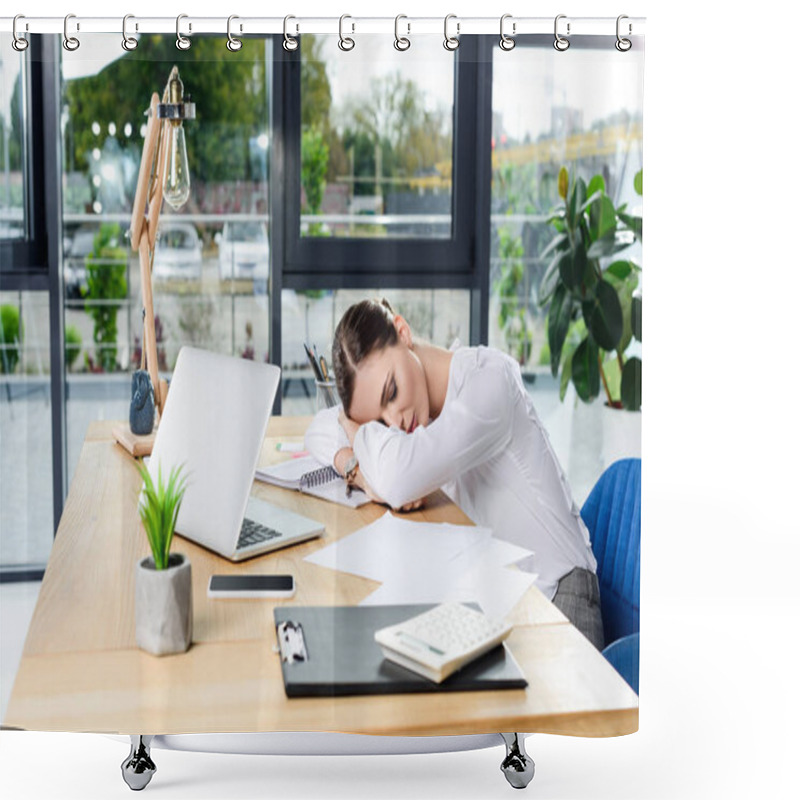Personality  Businesswoman Sleeping On Desk Shower Curtains
