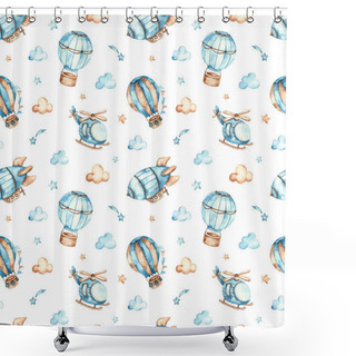 Personality  Helicopter, Airship, Balloons, Clouds On White Background. Watercolor Seamless Boho Pattern For Boys Shower Curtains