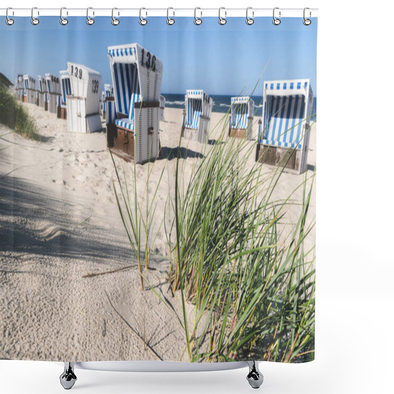 Personality  Beach Scene With Marram Grass And Defocused Chairs On Sylt Islan Shower Curtains