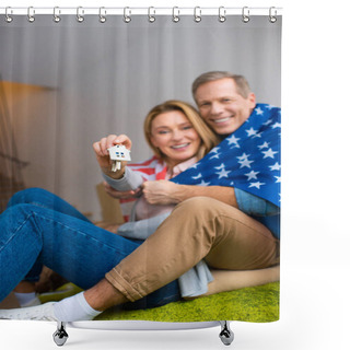 Personality  Selective Focus Of Happy Woman Holding Keys With House Model Trinket While Wrapping In Usa National Flag With Husband Shower Curtains