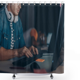 Personality  Cropped View Of Young Programmer Working Near African American Colleague Sleeping At Workplace Shower Curtains