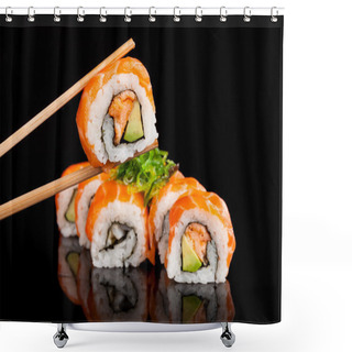 Personality  Sushi Pieces On Black Background Shower Curtains