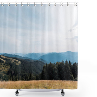 Personality  Yellow Barley In Meadow Near Mountains Against Sky  Shower Curtains