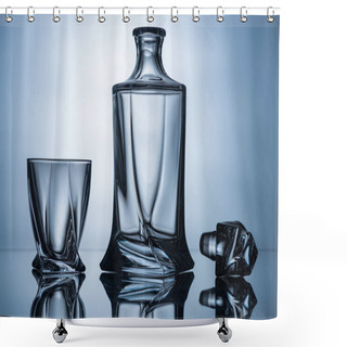 Personality  Cognac Glass And Empty Bottle On Grey With Reflections Shower Curtains