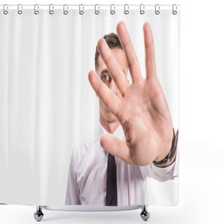 Personality  Businessman In Shirt And Tie Showing No Sign Isolated On White Shower Curtains