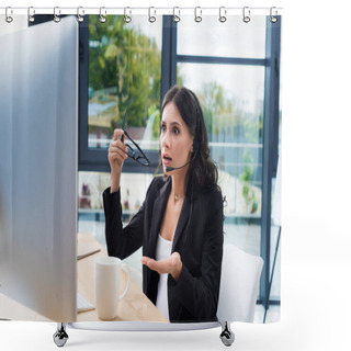 Personality  Shocked Pregnant Businesswoman With Headset Shower Curtains