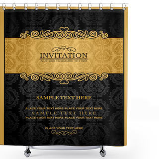 Personality  Abstract Background With Antique, Vintage Frame And Banner, Black Damask Wallpaper With Ornamental, Gold Invitation Card, Baroque Style Label, Fashion Pattern, Graphic Ornament For Decoration, Design Shower Curtains