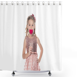 Personality  Adorable Little Kid In Pink Dress Holding Red Heart On Stick And Looking At Camera Isolated On White Shower Curtains