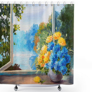 Personality  Bouquet Of Spring Flowers On A Table Near The Window, Oil Painting Shower Curtains