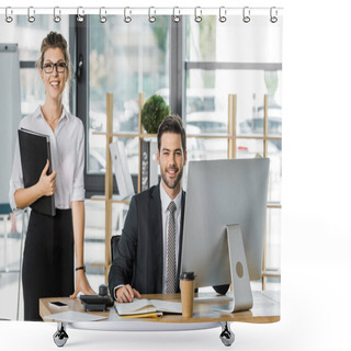 Personality  Smiling Businessman And Businesswoman Looking At Camera In Office Shower Curtains