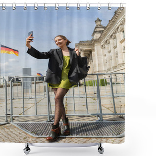 Personality  Cheerful Woman With Backpack Taking Selfie Near Reichstag Building In Berlin, Germany  Shower Curtains