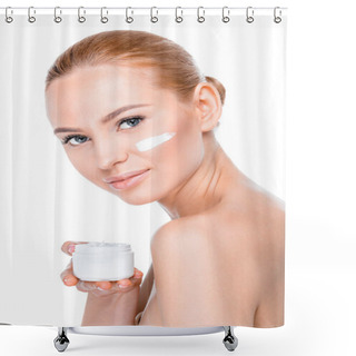 Personality  Woman Showing Face Cream Shower Curtains