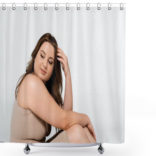 Personality  Young Brunette Woman With Overweight Looking Away Isolated On Grey Shower Curtains