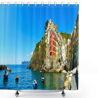 Personality  Riomaggiore Village Panorama, Rocks, Boats And Sea. Cinque Terre Shower Curtains