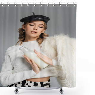 Personality  Young Woman In Beret, Faux Fur Jacket And Skirt With Cow Print Holding Bottle With Milk Isolated On Grey Shower Curtains