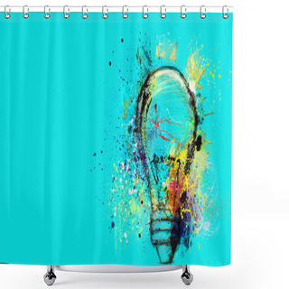 Personality  Big Stylized Light Bulb On Cyan Background Drawn With Splashes Of Colored Paint. Concept Of Innovation And Creativity Shower Curtains