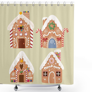 Personality  Cute Vector Collection Of Gingerbread House,sweet Christmas Traditional Cookie In Hand Drawn Style.  Shower Curtains