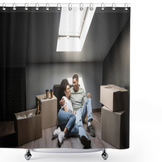 Personality  Positive African American Couple Hugging Near Cardboard Boxes And Coffee To Go In New House Shower Curtains